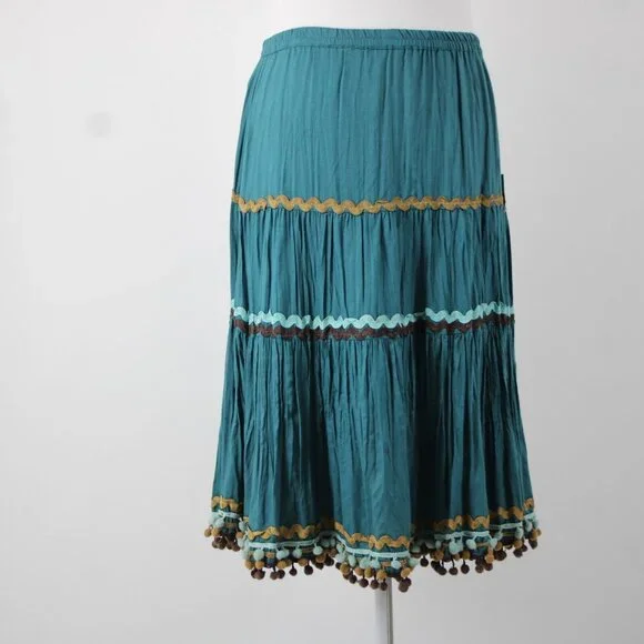 Double D Ranch Sz M Teal Blue Brown Multi Elastic Waist 100% Viscose Skirt